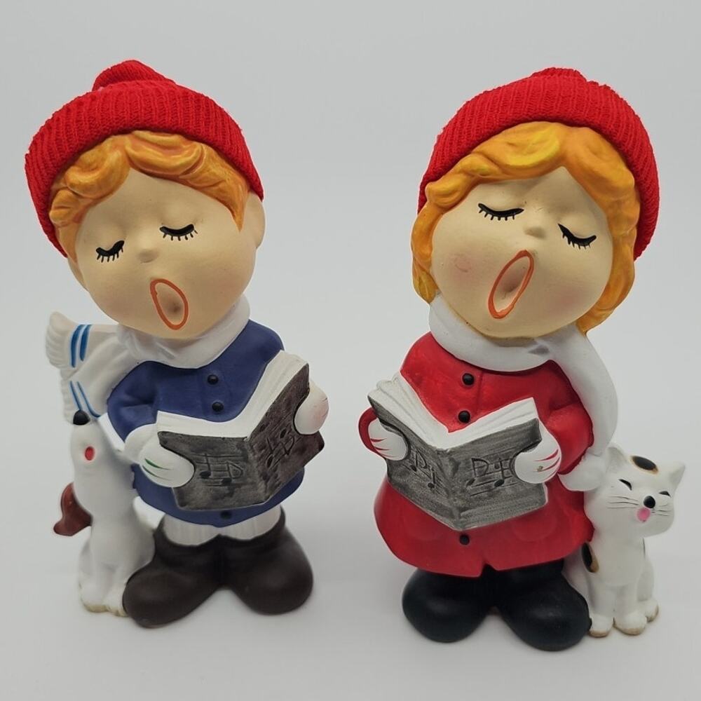 VTG Pair Lund's Lites Vintage Christmas Holiday Boy Dog Girl Cat Ceramic Caroler